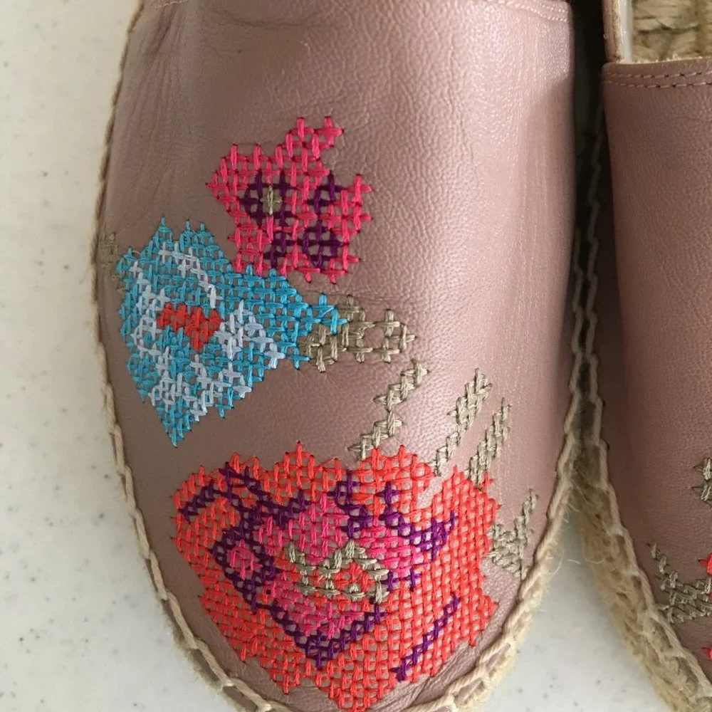 Taupe Cross Stitch Embroidered Espadrille Platform Slip On Shoes Donald J Pliner